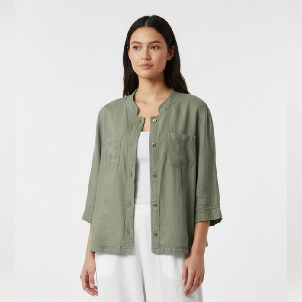 Arna York Olive Green Snap Boho Linen Minimalist Shacket Casual 22/24